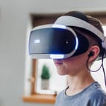 boy wearing black and white virtual reality headset
