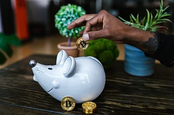 a person putting bitcoin in a piggy bank